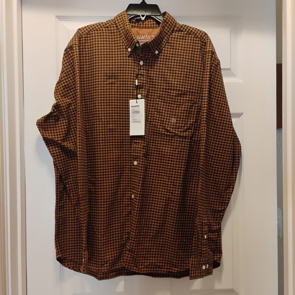 NWT Jack & Jones Brown Black Check Button Down Shirt XXL